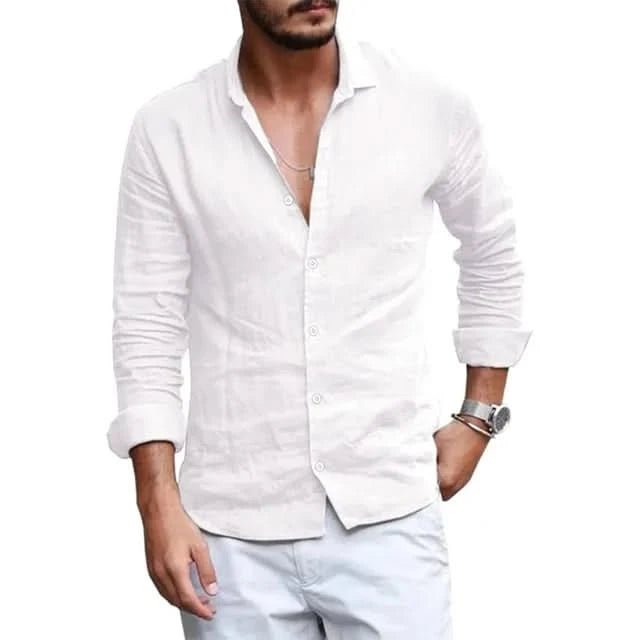 Summer Men Shirt Beach Cotton and Linen Shirts Men Cardigan Tops Long Sleeved Lapel Collar Men Clothing - LustMia