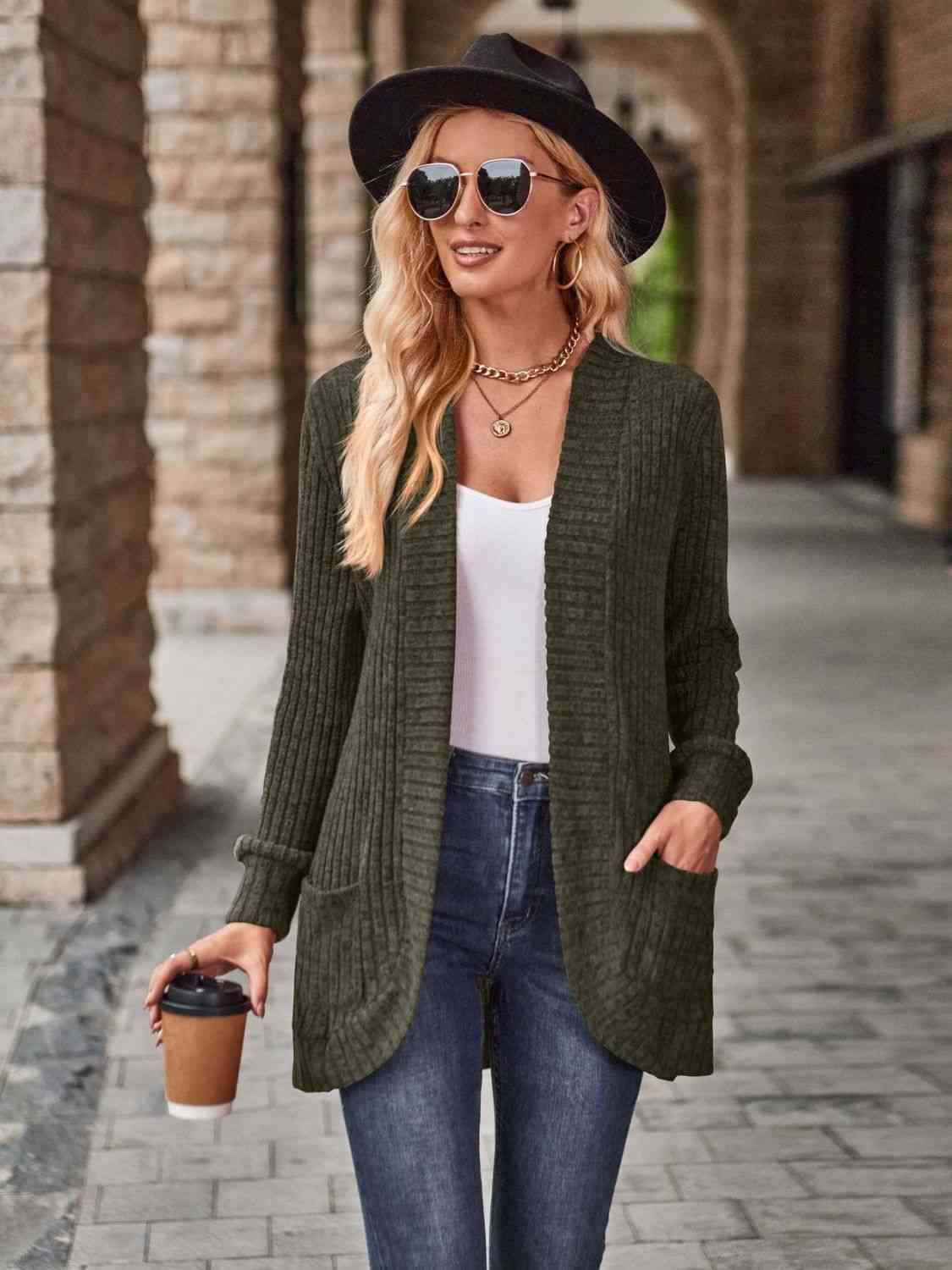 Open Front Cardigan with Pockets - LustMia