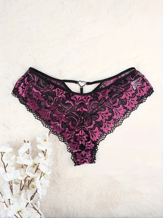 Plus Size Sexy Panty, Women's Plus Floral Lace Rhinestone Heart Ring Linked High Stretch Brief - LustMia