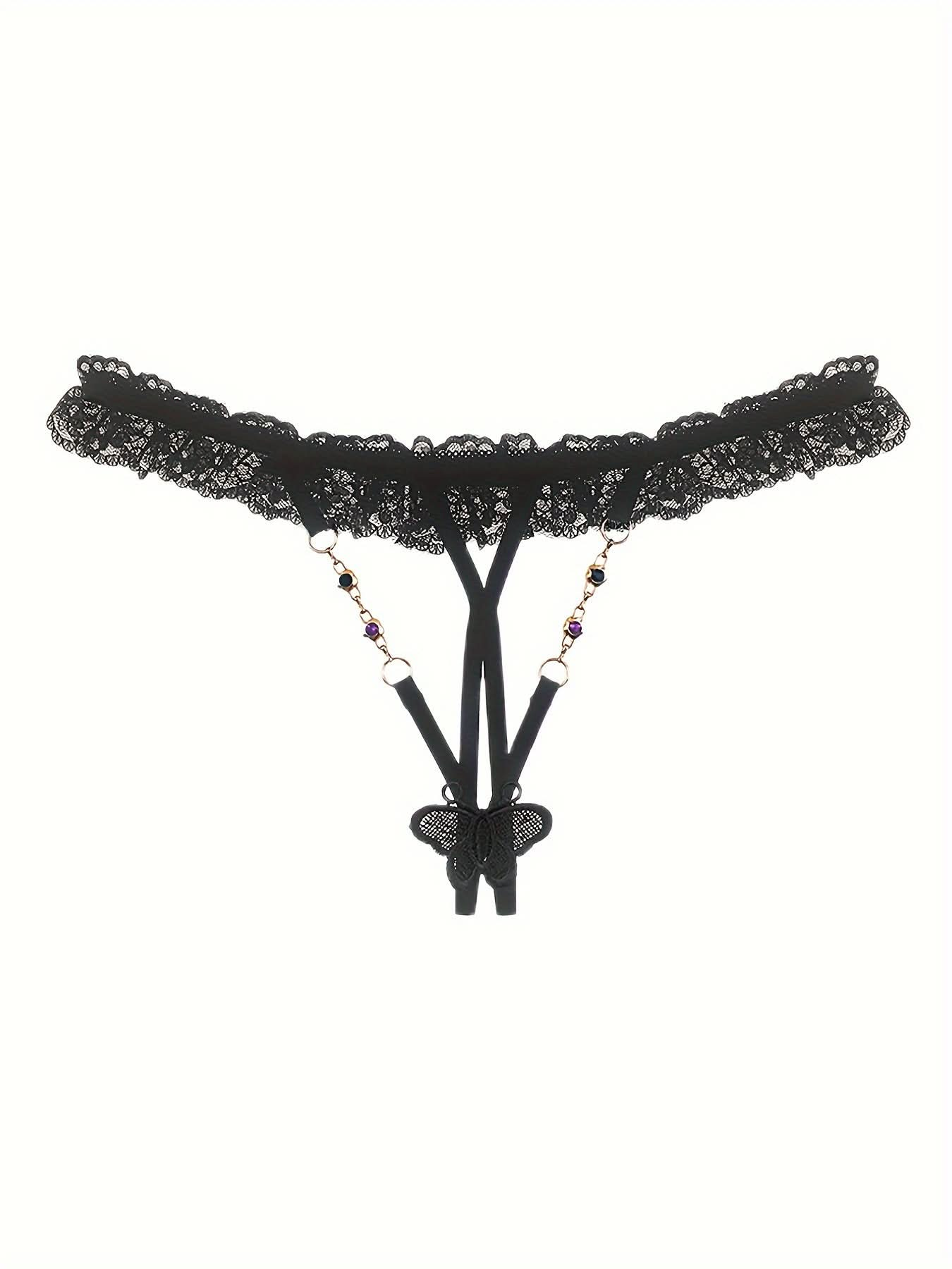 3pcs Floral Lace Thongs, Butterfly Pattern Chain Linked Open Crotch Panties, Women's Sexy Lingerie & Underwear - LustMia