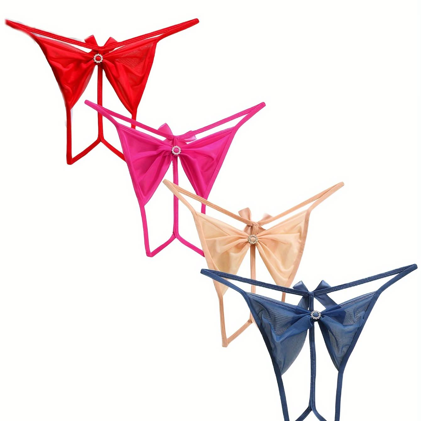 4pcs Solid Mesh Thongs, Cute Bow Knot Open Crotch Intimates Panties, Women's Sexy Lingerie & Underwear - LustMia