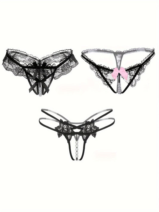 3pcs Floral Lace Thongs, Sheer Open Crotch Faux Pearl Panties, Women's Sexy Lingerie & Underwear - LustMia