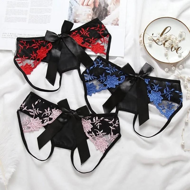 Woman Open Crotch Thongs Porn Sex Panties Lace Briefs Bow - knot Crotchless Underwear Sex Tangas Erotic Cheeky Sexy Underpants - LustMia