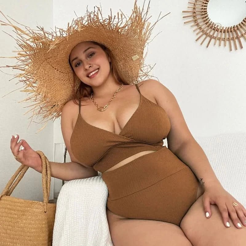 Women Plus Size Bikini Solid Color Bikini Two Piece High Waist Bikini Swimsuit Swimwear Gather Bikini Swimming Beach - LustMia