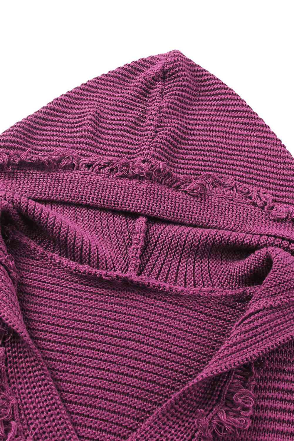 Woven Right Horizontal Ribbing Fringe Trim Hooded Sweater - LustMia