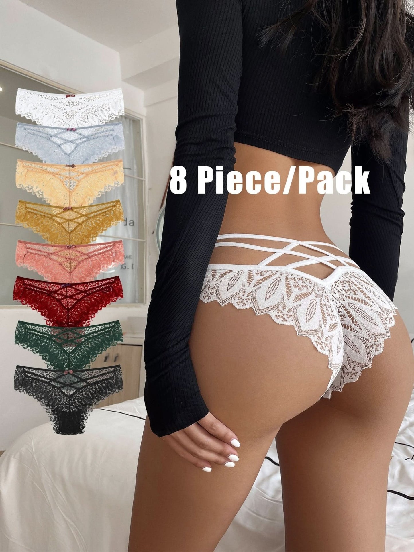 8pcs Floral Lace Panties, Comfy & Breathable Criss Cross Cut Out Intimates Panties, Women's Lingerie & Underwear - LustMia