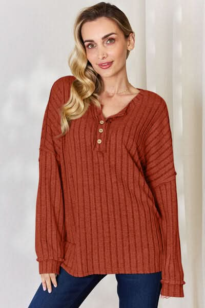 Basic Bae Full Size Ribbed Half Button Long Sleeve T-Shirt - LustMia