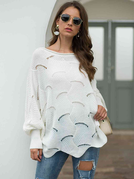 Full Size Boat Neck Lantern Sleeve Openwork Knit Top - LustMia