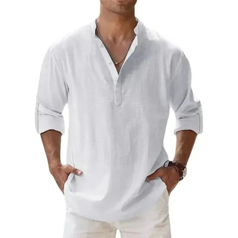 New Men's Linen Long Sleeve T-Shirts Breathable Shirt Casual Basic Cotton Linen Shirt Tops S - 5XL - LustMia