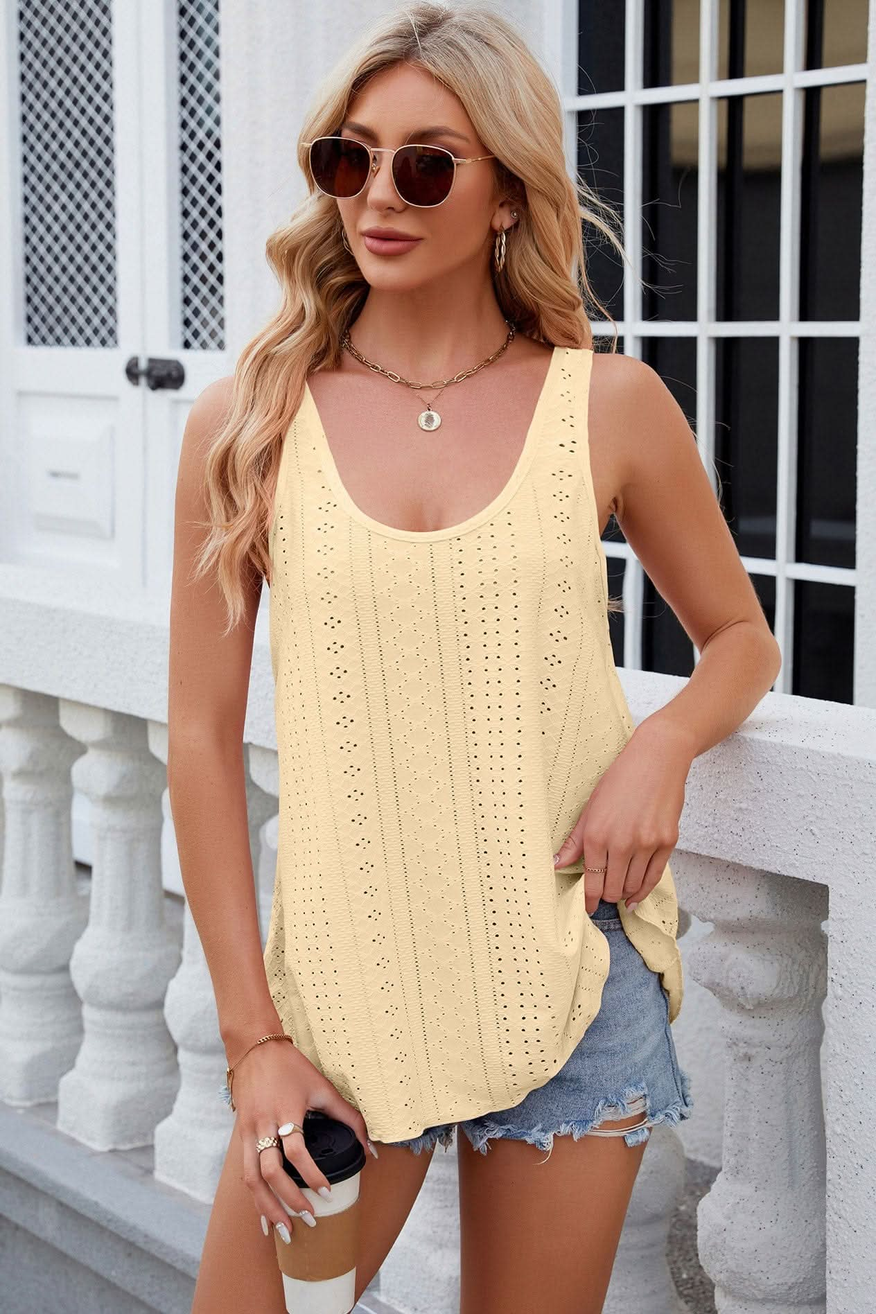 Eyelet Scoop Neck Wide Strap Tank - LustMia