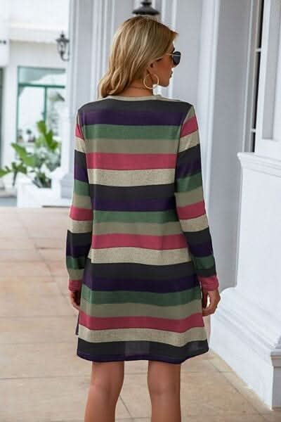 Striped Round Neck Long Sleeve Dress - LustMia