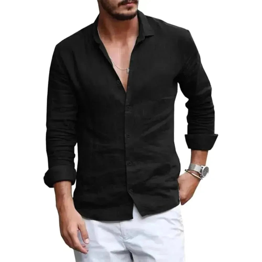 Summer Men Shirt Beach Cotton and Linen Shirts Men Cardigan Tops Long Sleeved Lapel Collar Men Clothing - LustMia