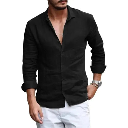 Summer Men Shirt Beach Cotton and Linen Shirts Men Cardigan Tops Long Sleeved Lapel Collar Men Clothing - LustMia