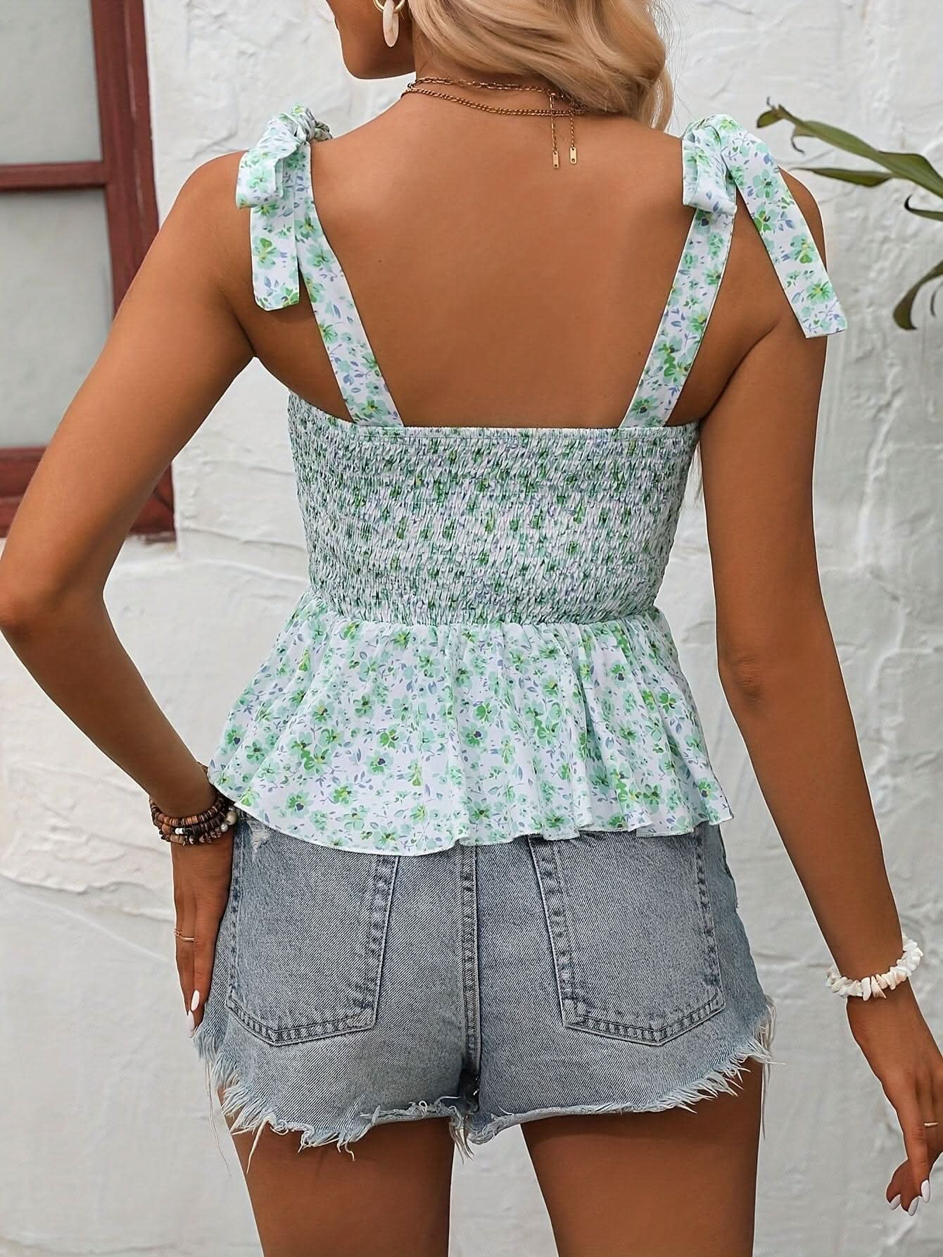 Chic Floral Backless Tank Top with Ruffle Hem - LustMia