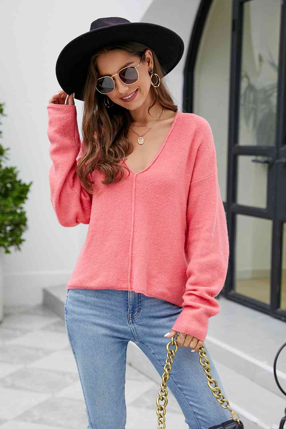 V - Neck Drop Shoulder Long Sleeve Knit Top - LustMia