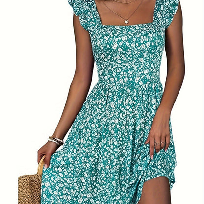 Floral Square Neck Dress with Ruffle Hem Pockets - LustMia