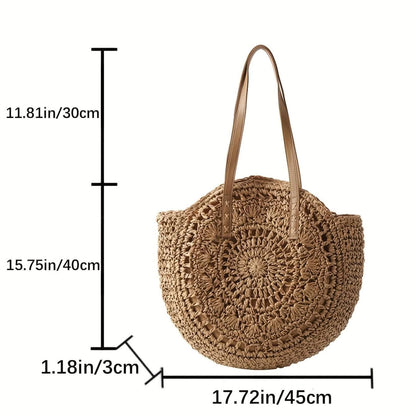 Straw Woven Casual Tote Bag, Double Handle Literary Beach Bag, Round Shape Portable Braided Bag - LustMia