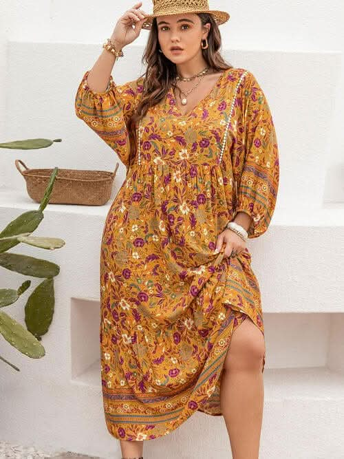 Plus Size Floral V - Neck Balloon Sleeve Midi Dress - LustMia