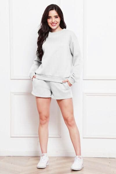 Round Neck Long Sleeve Sweatshirt and Drawstring Shorts Set - LustMia