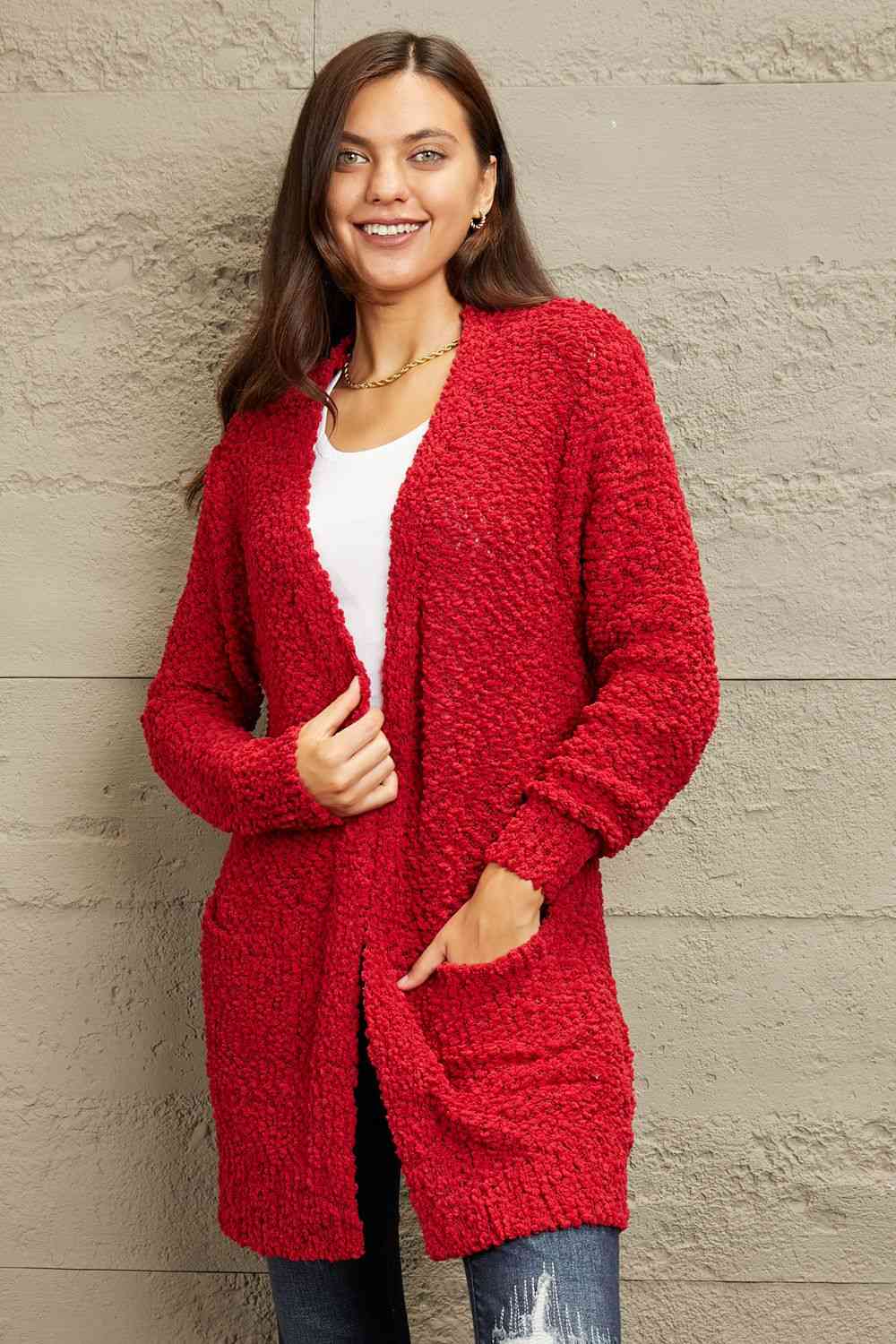 Zenana Falling For You Full Size Open Front Popcorn Cardigan - LustMia