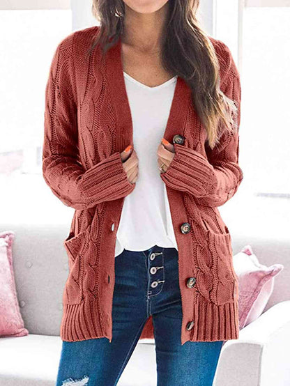 Cable - Knit Buttoned Cardigan with Pockets - LustMia