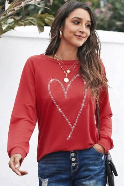 Heart Round Neck Long Sleeve Sweatshirt - LustMia