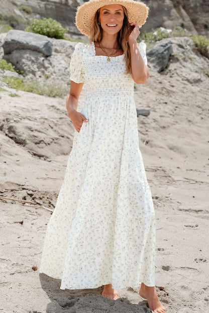 White Tiered Floral Maxi Dress - LustMia