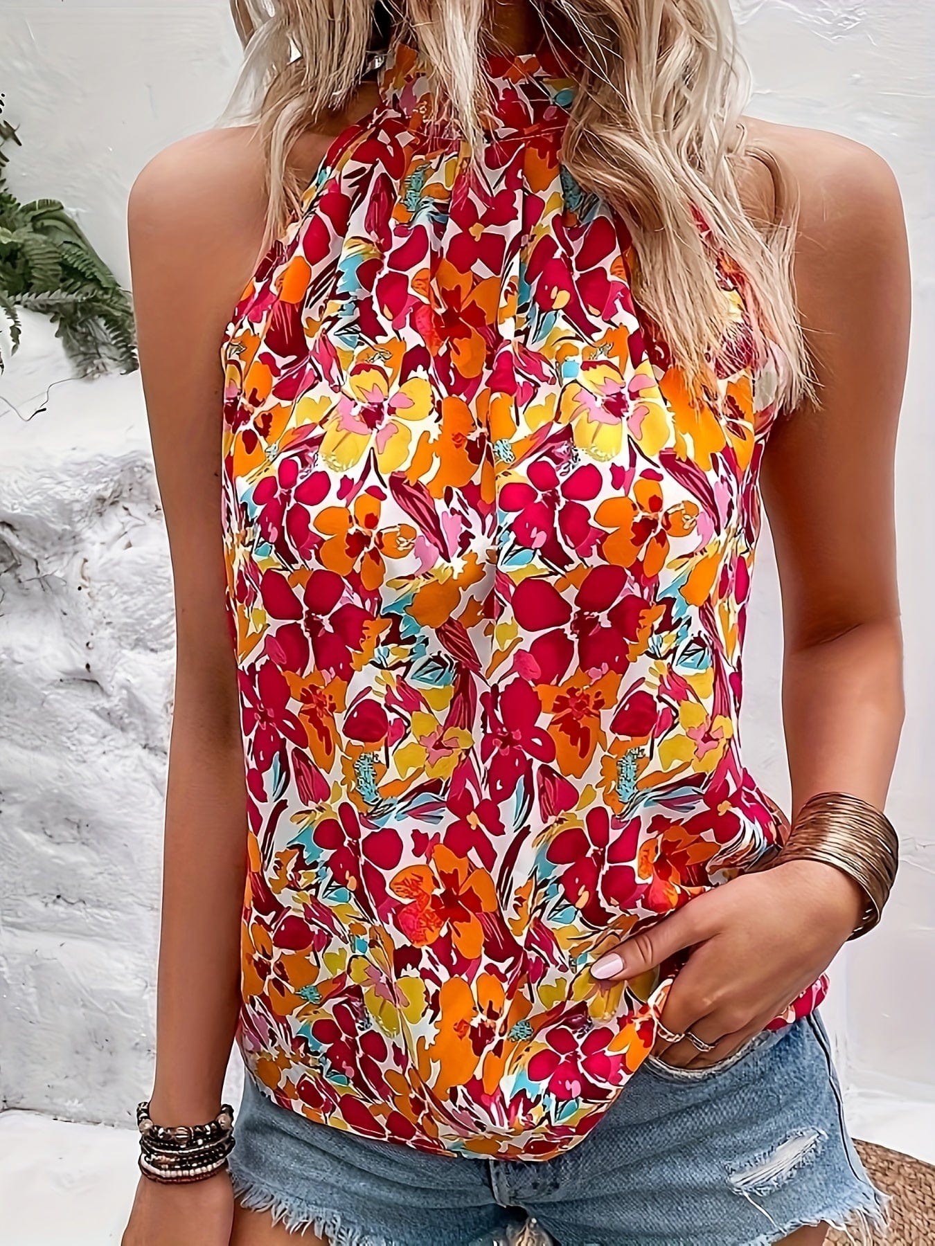 Elegant Floral Halter Neck Top Summer Chic - LustMia