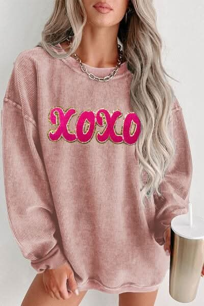 XOXO Sequin Round Neck Dropped Shoulder Sweatshirt - LustMia