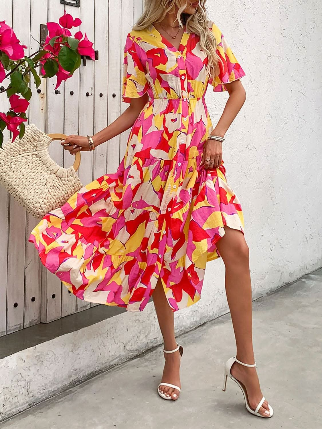 Printed V - Neck Flutter Sleeve Midi Dress - LustMia