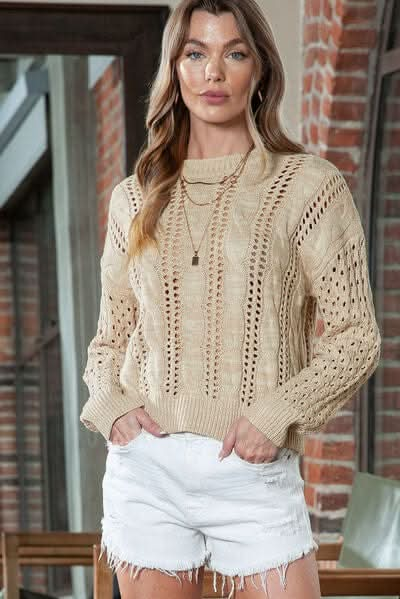 Full Size Openwork Cable - Knit Round Neck Knit Top - LustMia