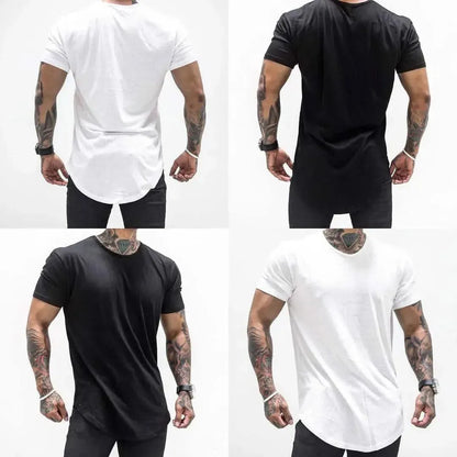 Men T Shirt Solid Colors Casual Workout Shirts Curved Hem T-Shirt Men Fashion Streetwear 3XL - LustMia