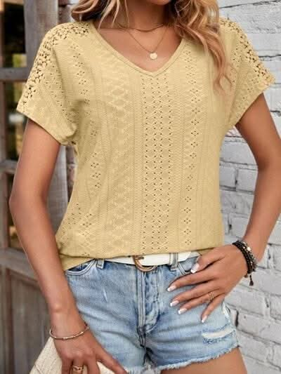 Eyelet V - Neck Short Sleeve T-Shirt - LustMia