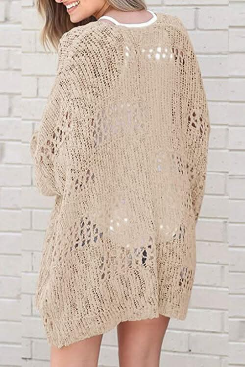 Openwork Open Front Long Sleeve Cardigan - LustMia