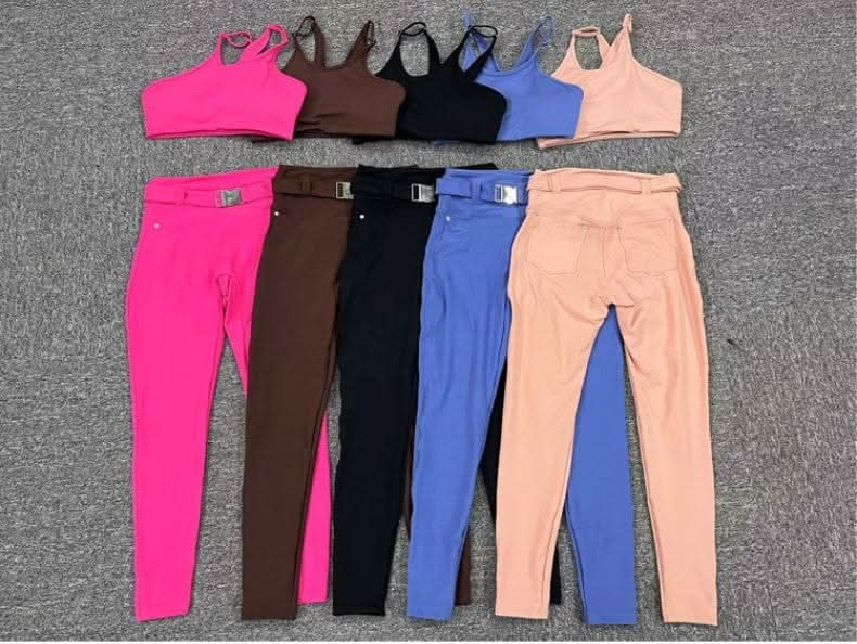 Imitation denim pocket tight adjustable waist with belt sports two - piece set 5colors - LustMia