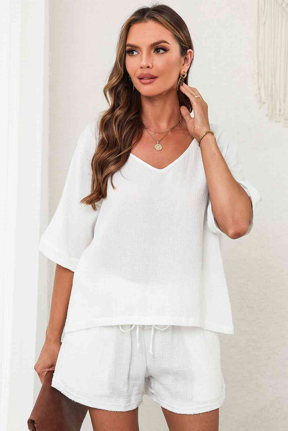 V - Neck Half Sleeve Top and Shorts Set - LustMia