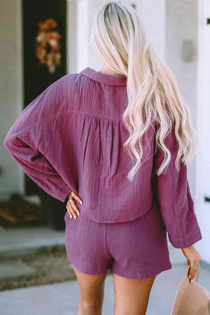 Buttoned Long Sleeve Top and Shorts Set - LustMia