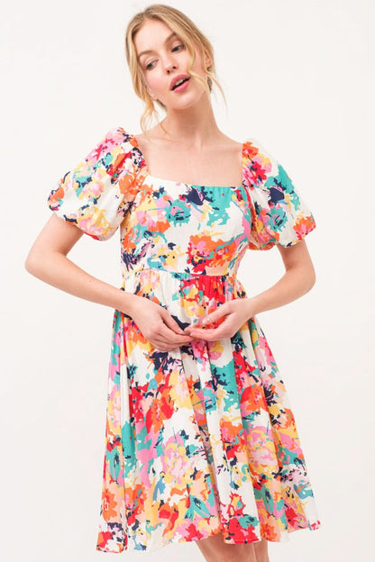 And The Why Square Neck Puff Sleeve Floral Dress - LustMia