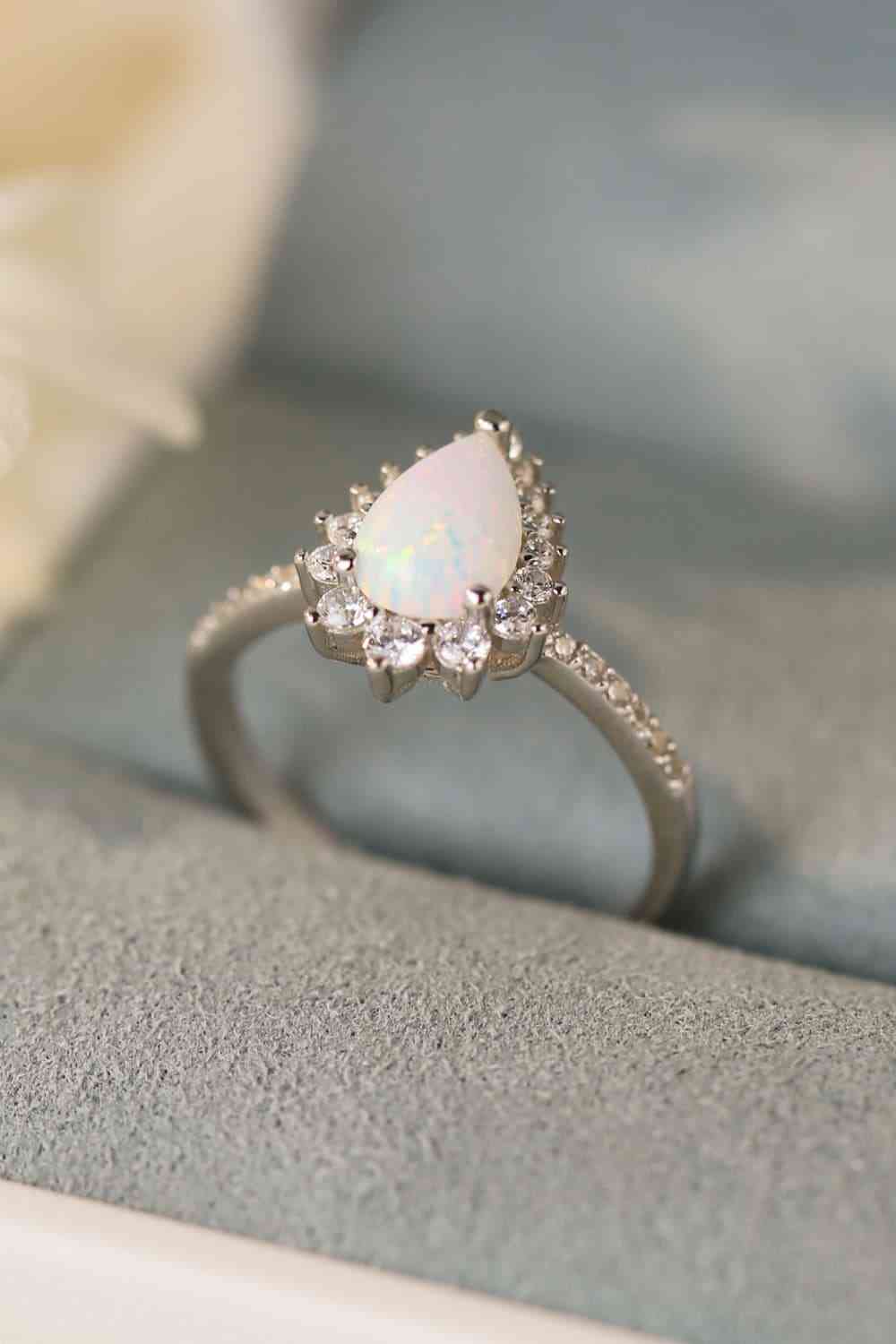 Platinum - Plated Opal Pear Shape Ring - LustMia