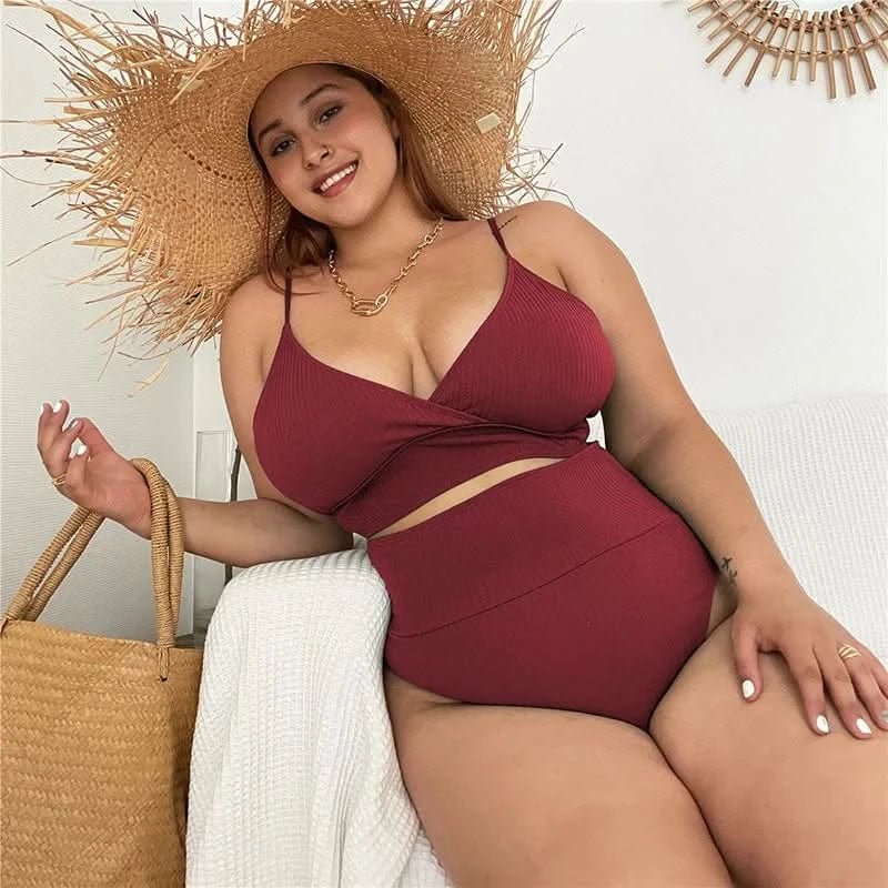 Women Plus Size Bikini Solid Color Bikini Two Piece High Waist Bikini Swimsuit Swimwear Gather Bikini Swimming Beach - LustMia