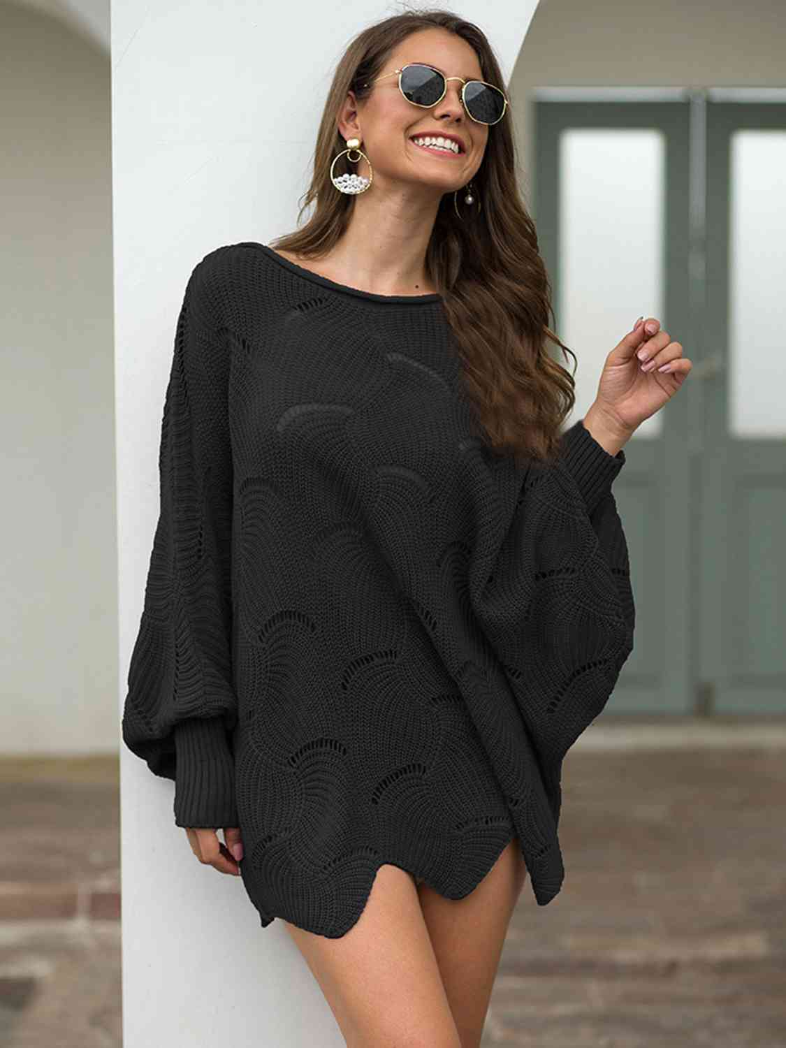 Full Size Boat Neck Lantern Sleeve Openwork Knit Top - LustMia