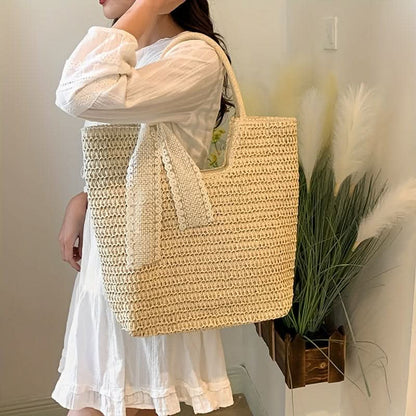 Summer Woven Straw Bag, Boho Style Tote Bag, Retro Travel Vacation Seaside Beach Bag - LustMia