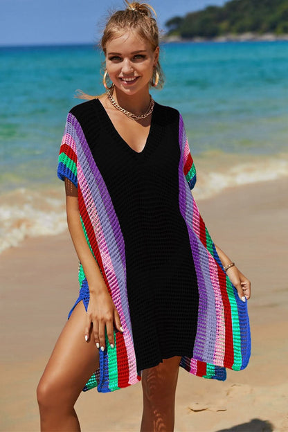 Openwork Striped Slit Knit Cover Up - LustMia