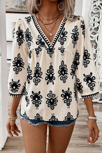 Beige Vintage Geometric Printed 3/4 Sleeve V Neck Blouse - LustMia