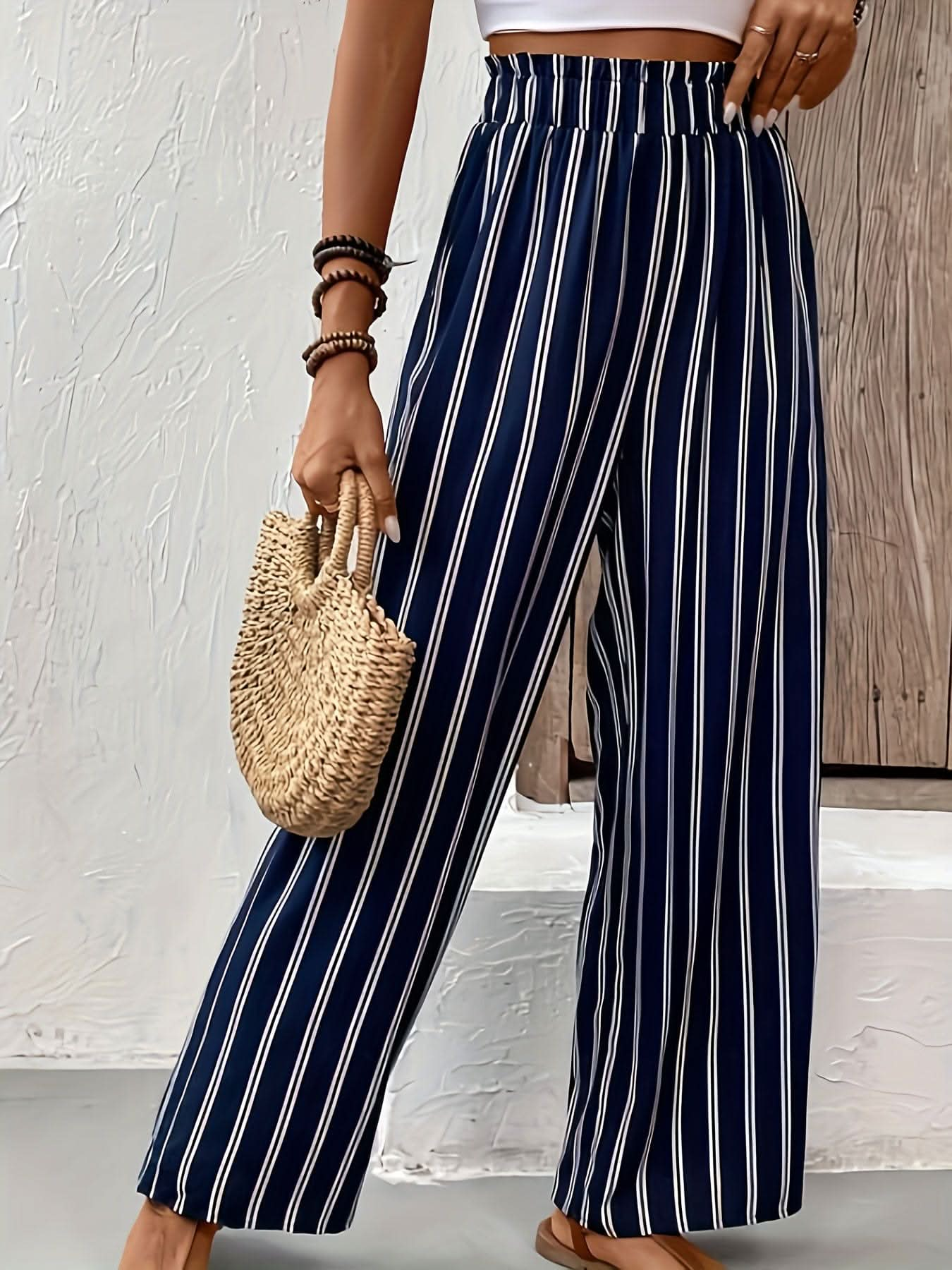 Elegant Striped WideLeg Pants Paper Bag Waist - LustMia