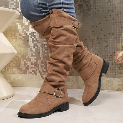 Women's Solid Color Trendy Boots, Buckle Belt Pull On Chunky Heel High Knee Boots - LustMia