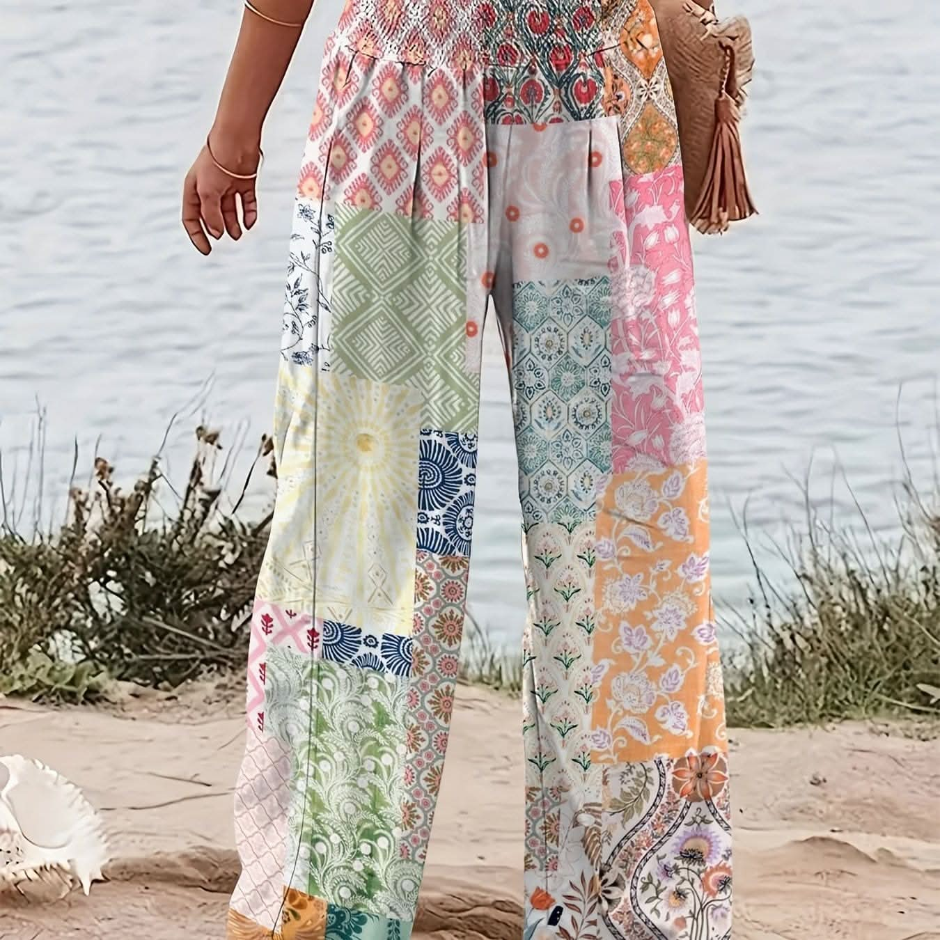 Chic Patchwork Wide Leg Pants Flowy Vacation Style - LustMia