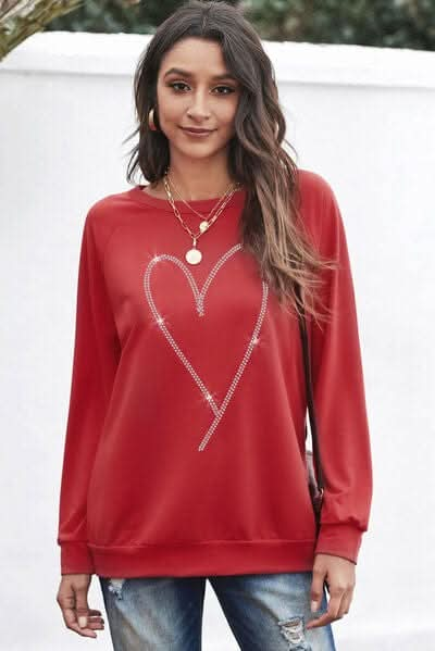 Heart Round Neck Long Sleeve Sweatshirt - LustMia