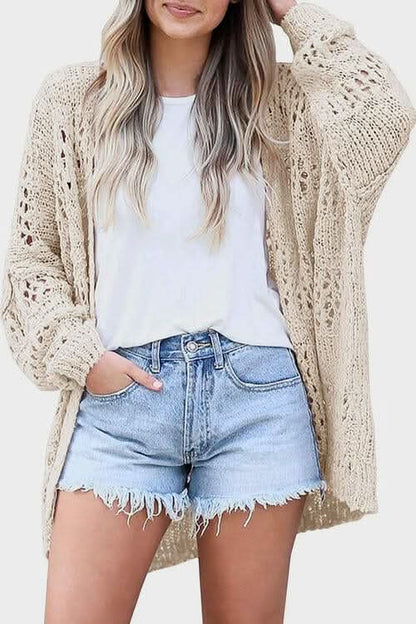 Openwork Open Front Long Sleeve Cardigan - LustMia