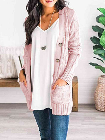 Cable - Knit Buttoned Cardigan with Pockets - LustMia